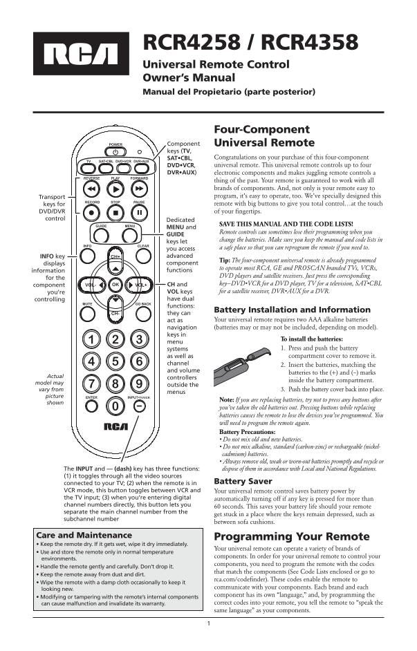 RCA CRCR4358 Universal Remote Control Operating Manual