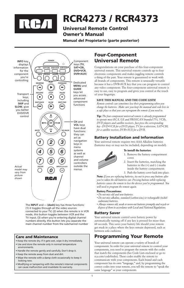 RCA RCR4273 RCR4373 and CODES Universal Remote Control Operating Manual