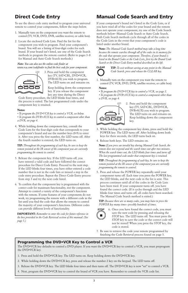 RCA RCR4273 RCR4373 and CODES Universal Remote Control Operating Manual