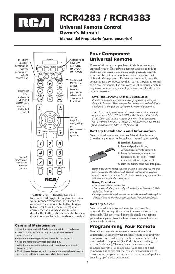 RCA RCR4383 & CodesOM Universal Remote Control Operating Manual