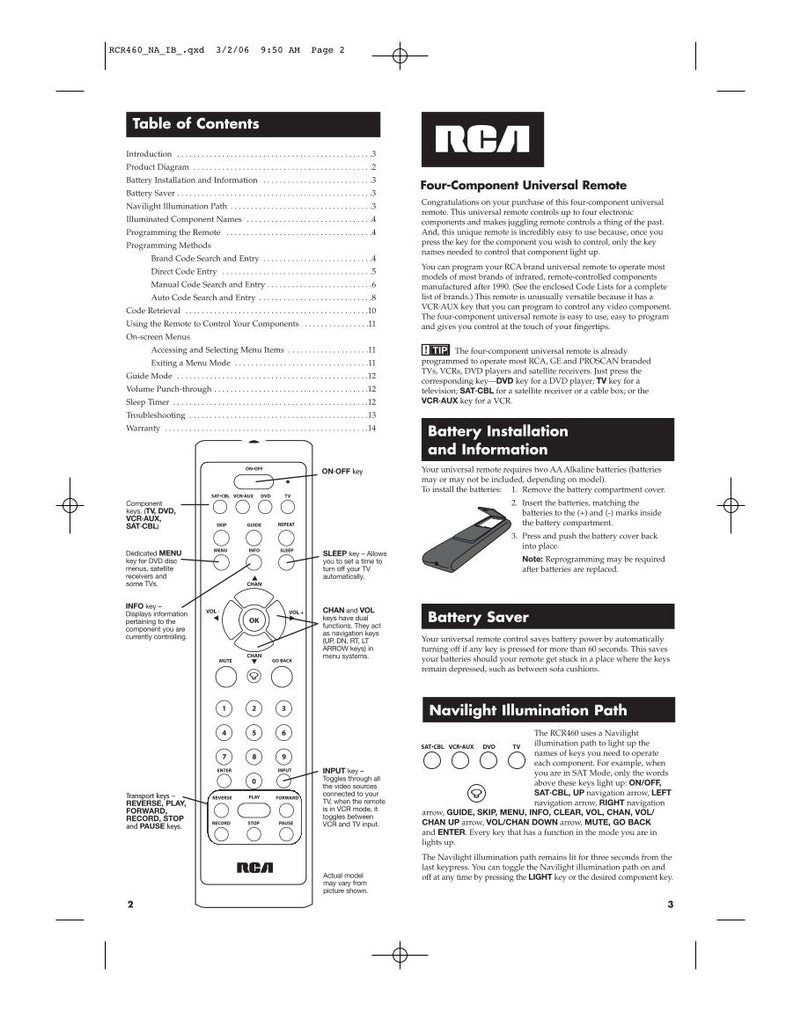 RCA RCR460 and Codes Universal Remote Control Operating Manual