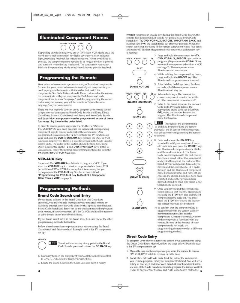 RCA RCR460 and Codes Universal Remote Control Operating Manual