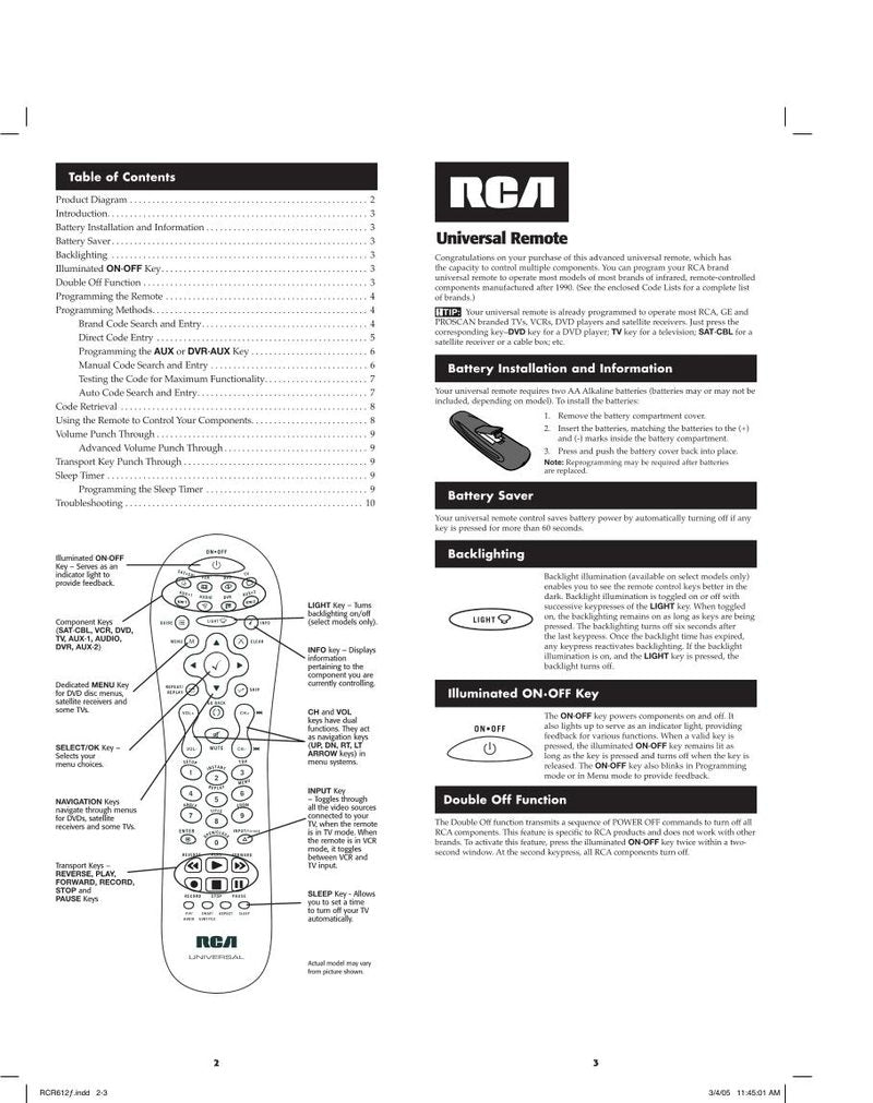 RCA RCR612 Manual  Codes TV Operating Manual