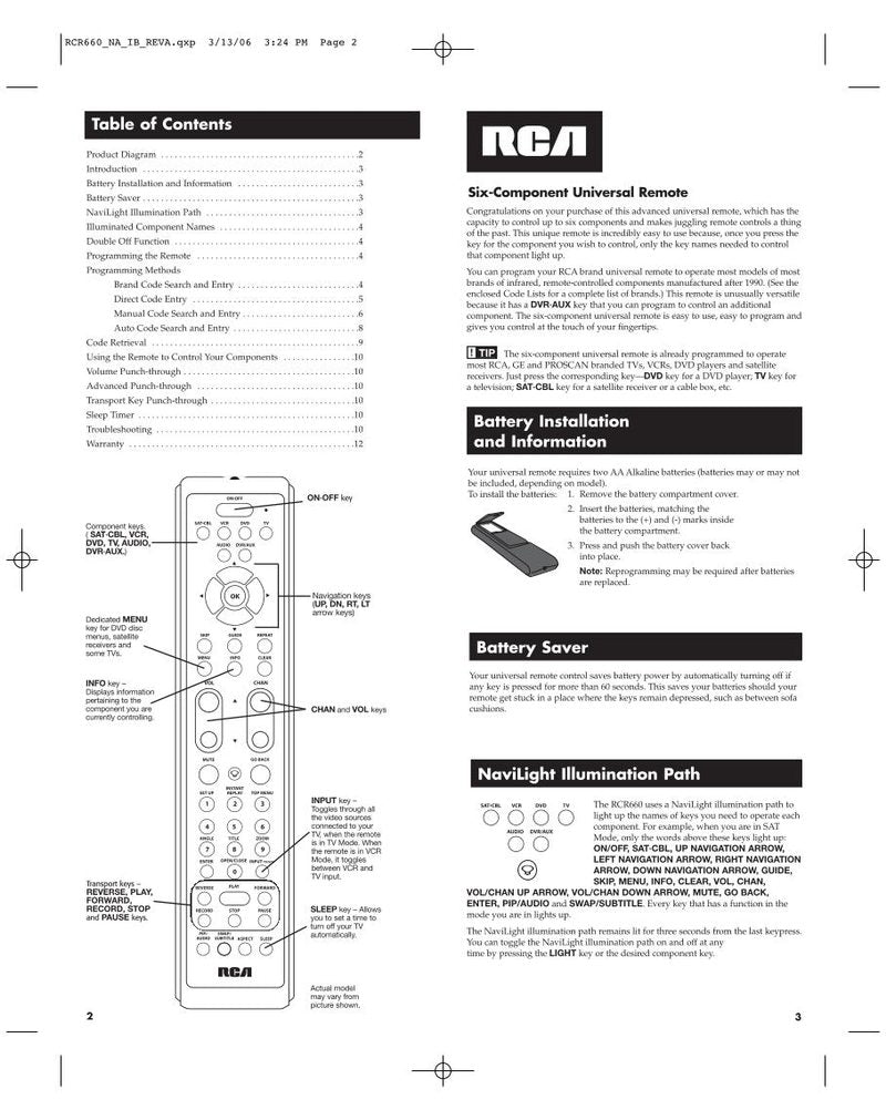 RCA RCR660 & CodesOM Universal Remote Control Operating Manual