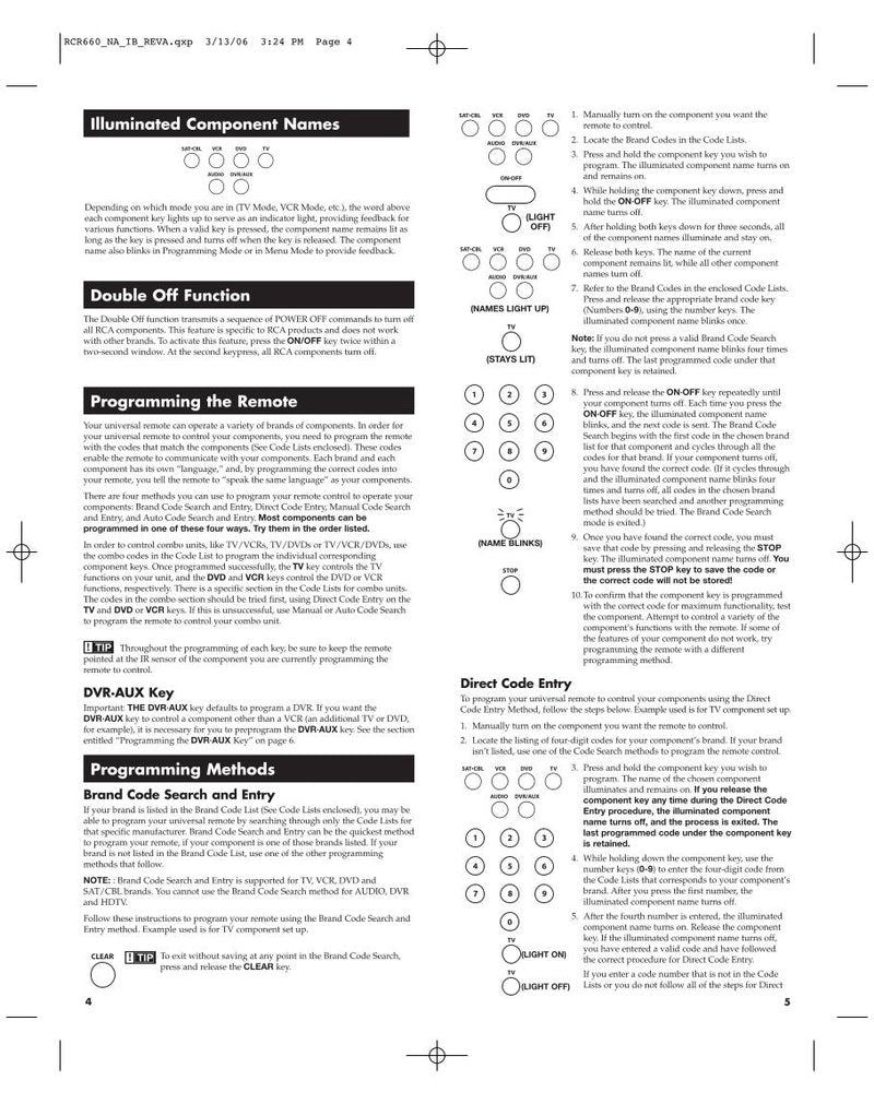 RCA RCR660 & CodesOM Universal Remote Control Operating Manual