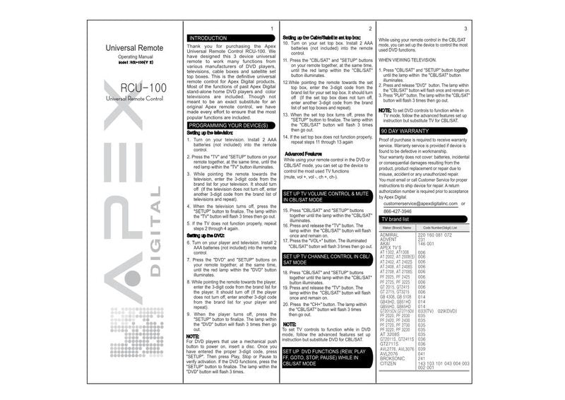 Apex RCU100 Operating Manual with Codes DVD Player