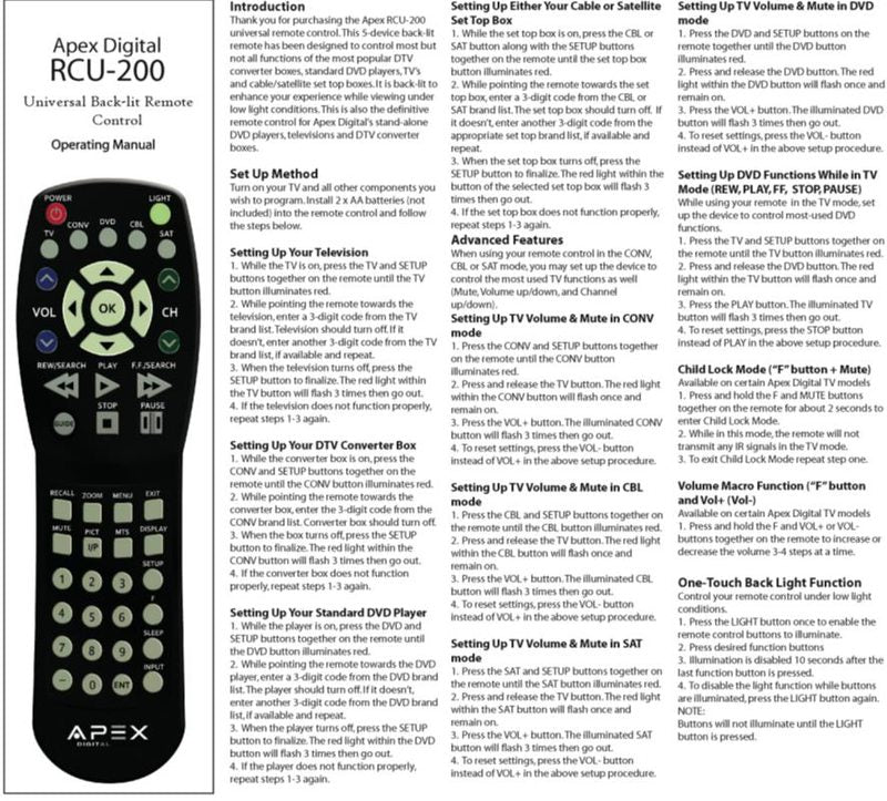 Apex RCU200 APEXOM Universal Remote Control Operating Manual