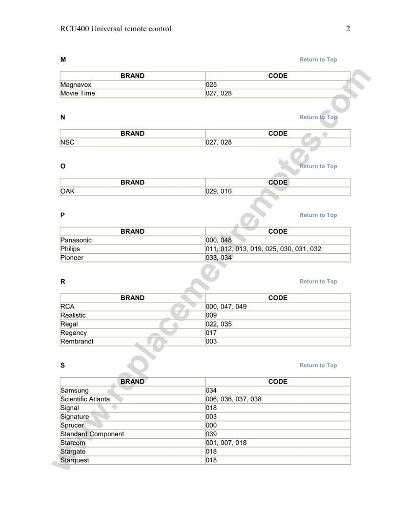 RCA RCU400 Code Book Universal Remote Control Operating Manual