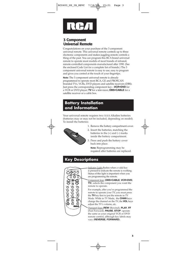 RCA RCU403 and Codes Universal Remote Control Operating Manual