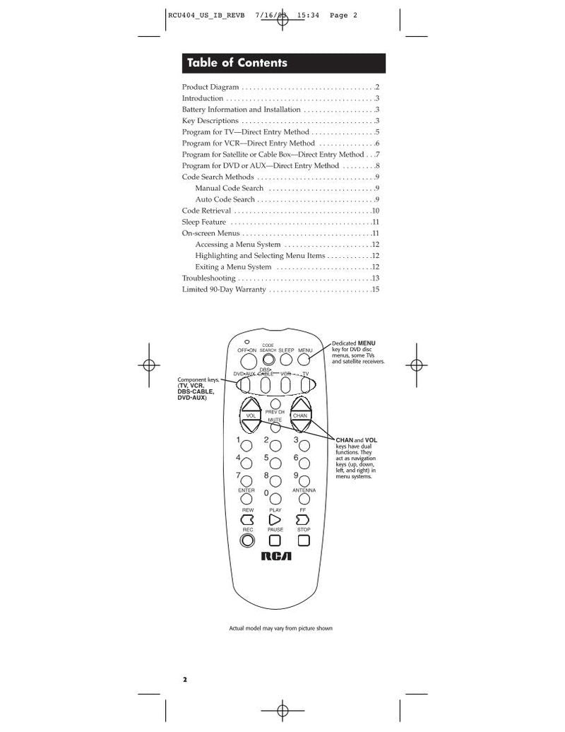 RCA RCU404 Series & CodesOM Universal Remote Control Operating Manual