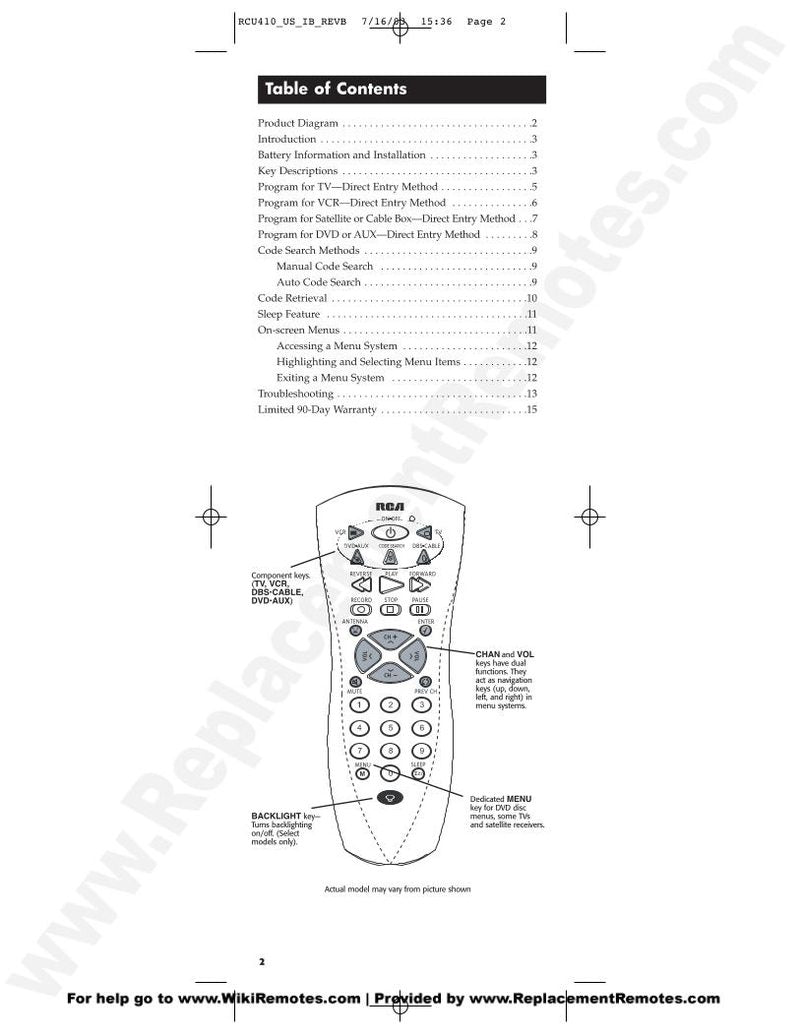 RCA RCU410 with Codes Universal Remote Control Operating Manual