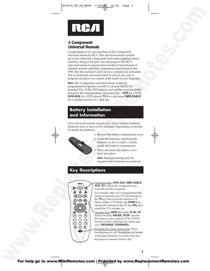 RCA RCU410 with Codes Universal Remote Control Operating Manual