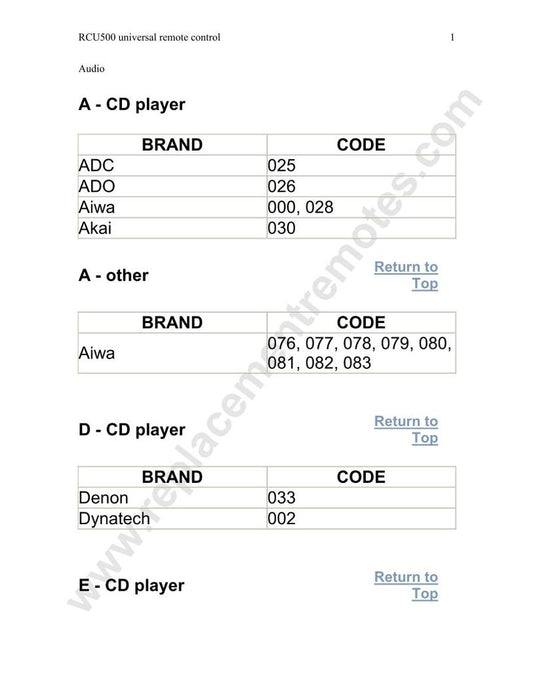 RCA RCU500 Code Book Universal Remote Control Operating Manual