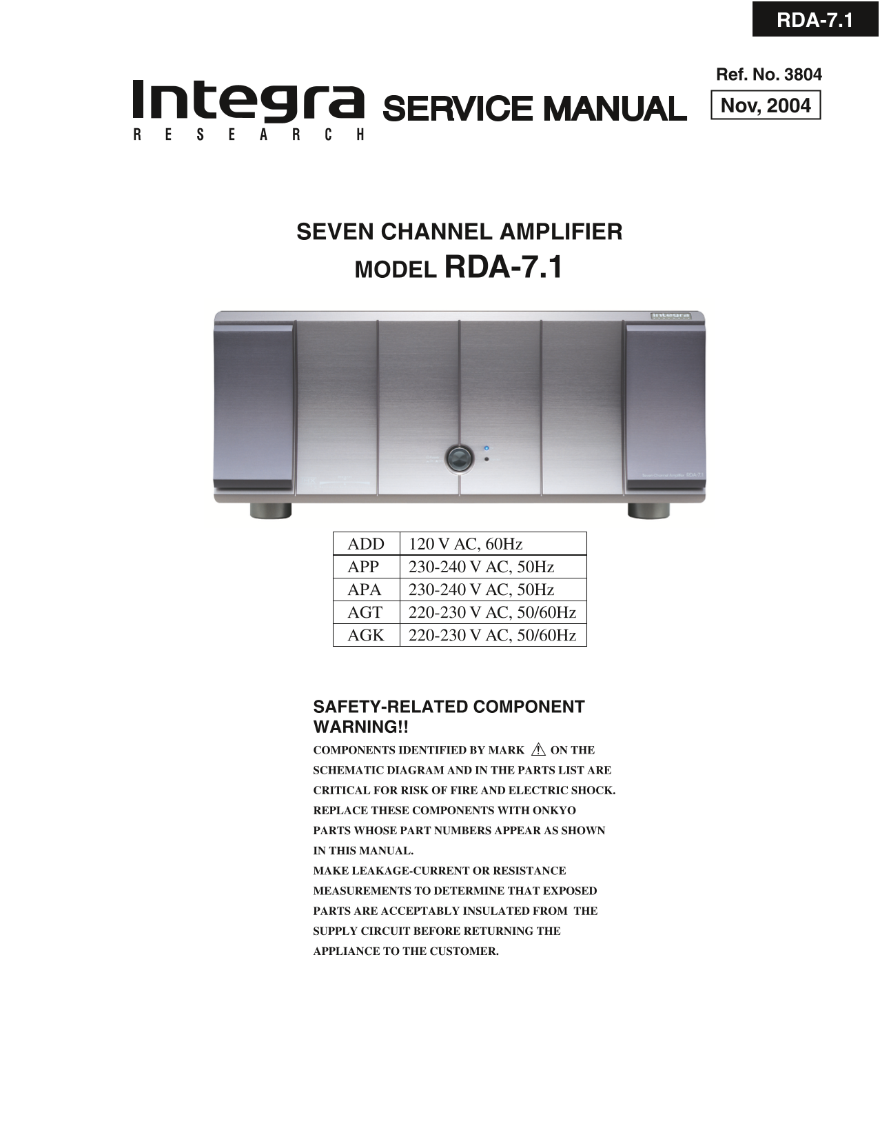 Integra RDA-7.1 Amplifier Service Manual (Pages: 29)