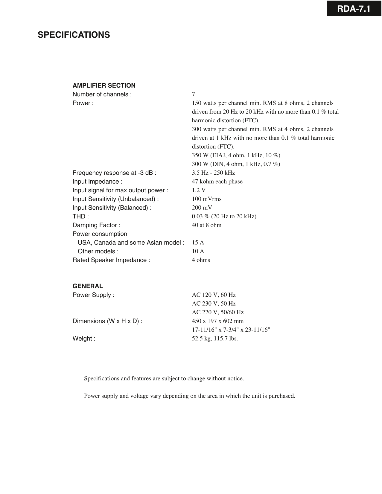 Integra RDA-7.1 Amplifier Service Manual (Pages: 29)