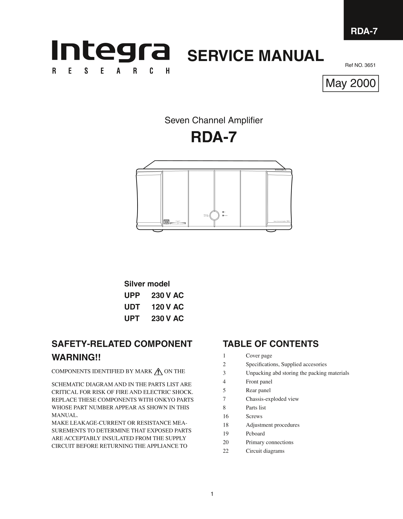 Integra RDA-7 Seven Channel Amplifier Service Manual (Pages: 28)