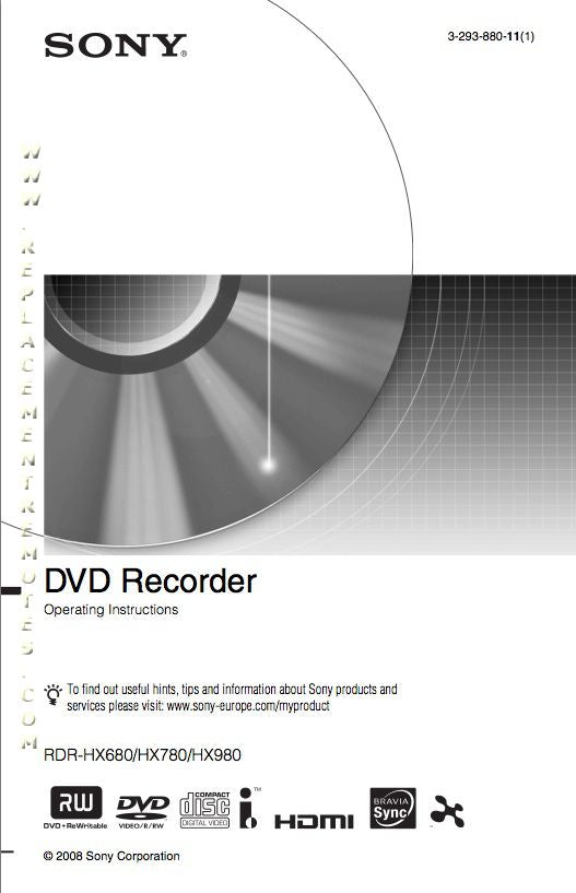 Sony RDRHX680 RDRHX780 RDRHX980 DVD Player Operating Manual