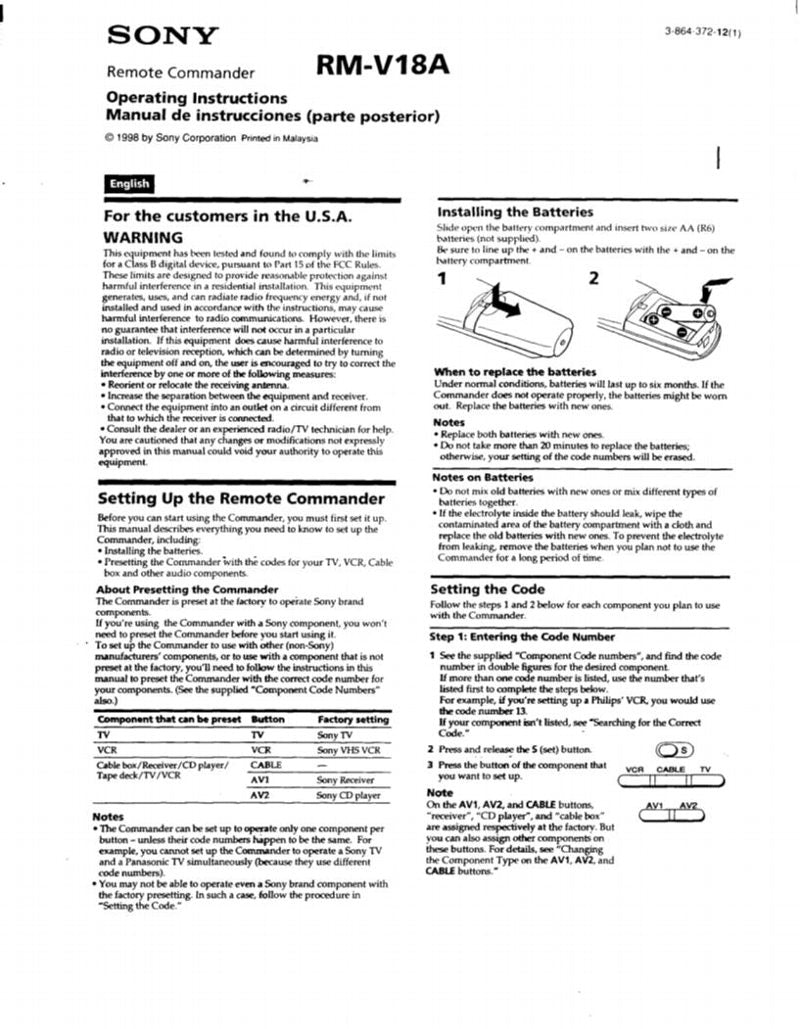 Sony RMV18A & CodesOM Universal Remote Control Operating Manual