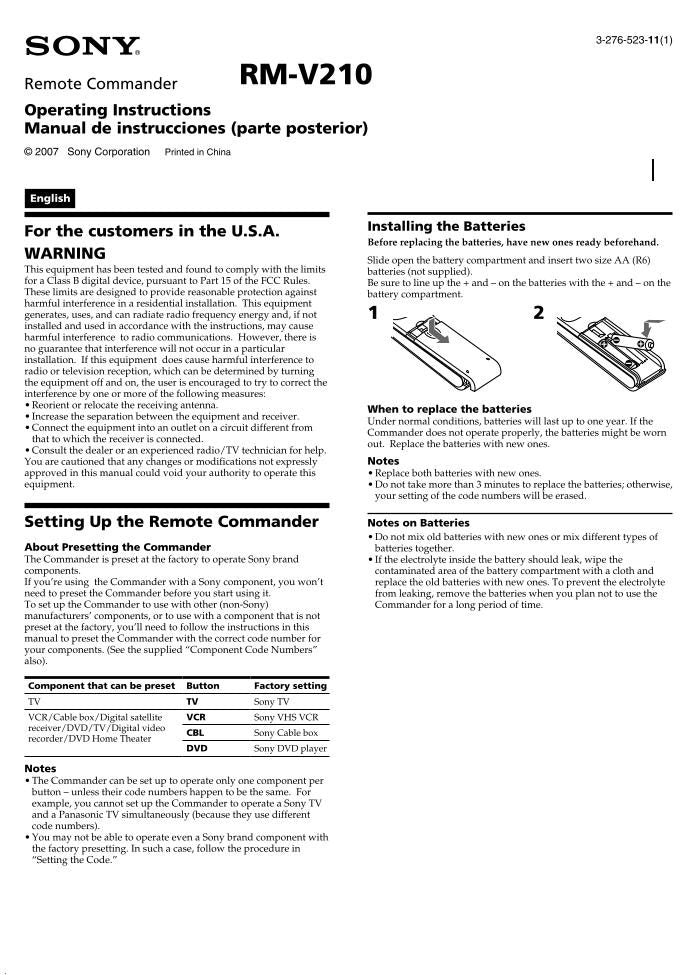 Sony RMV210 & CodesOM Universal Remote Control Operating Manual
