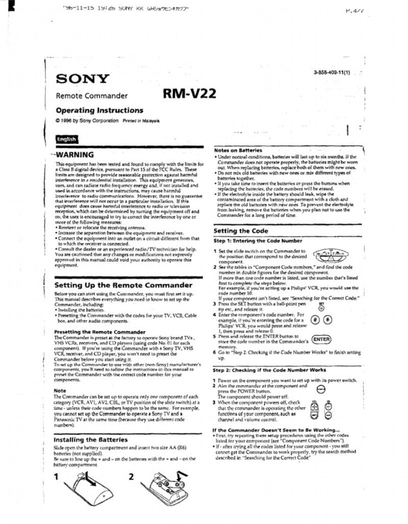 Sony RMV22 & CodesOM Universal Remote Control Operating Manual