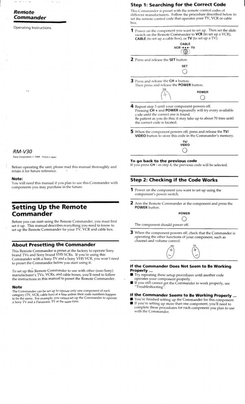 Sony RMV30OM Universal Remote Control Operating Manual