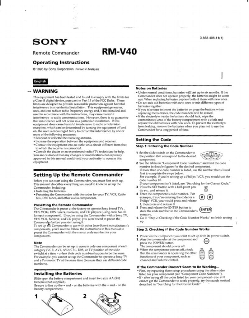 Sony RMV40 & CodesOM Universal Remote Control Operating Manual