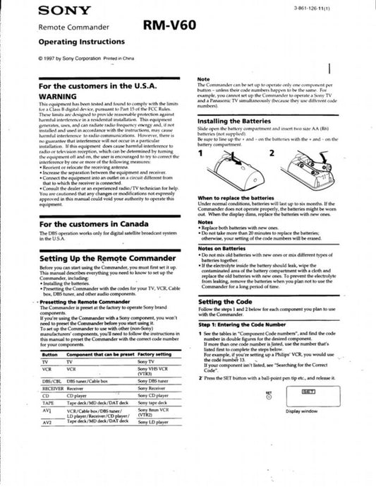 Sony RMV60 & CodesOM Universal Remote Control Operating Manual