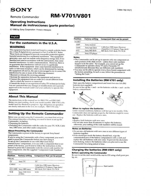 Sony RMV701/801 & CodesOM Universal Remote Control Operating Manual