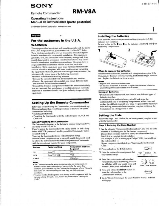 Sony RMV8A Universal Remote Control Operating Manual