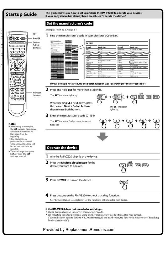 Sony RMVZ220 Universal Remote Control Operating Manual