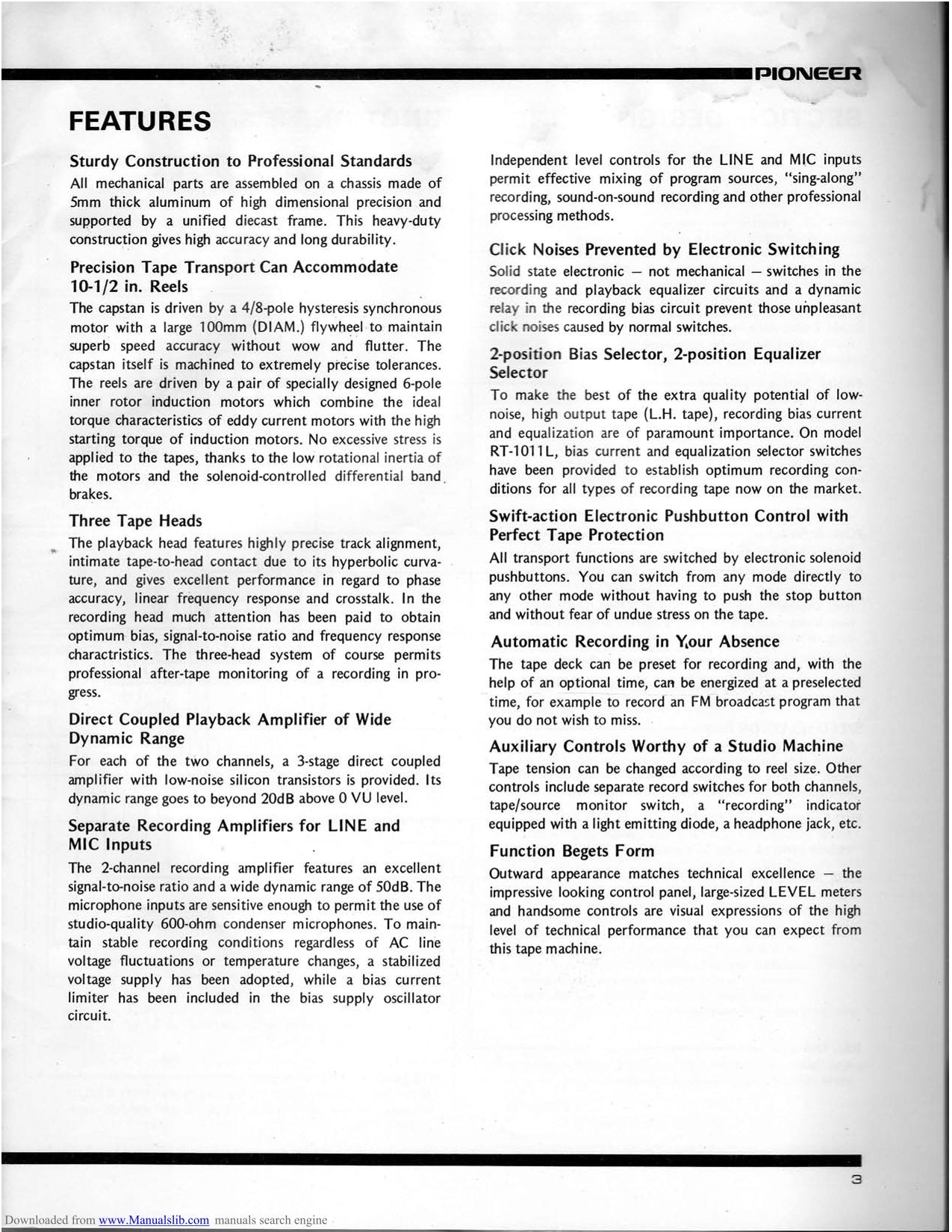 Pioneer RT-1011L Reel to Reel Tape Deck Owner/ User Manual (Pages: 23)