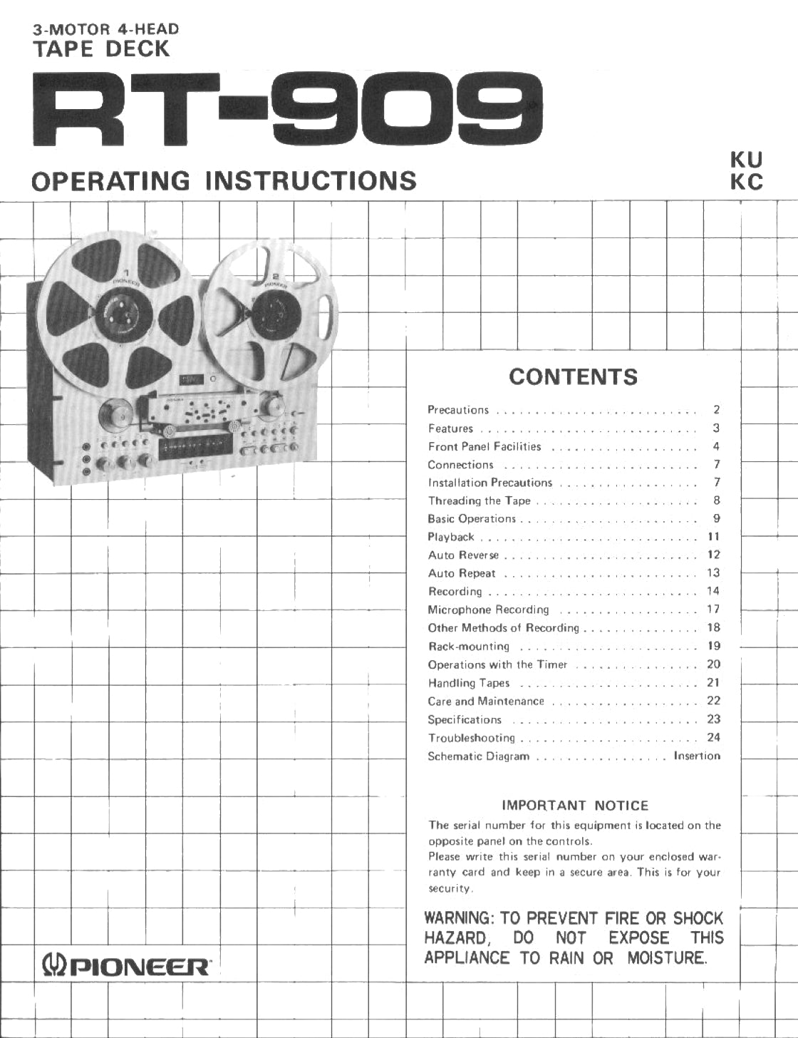 Pioneer RT-909 Reel to Reel Tape Deck Owner/ User Manual (Pages: 24)