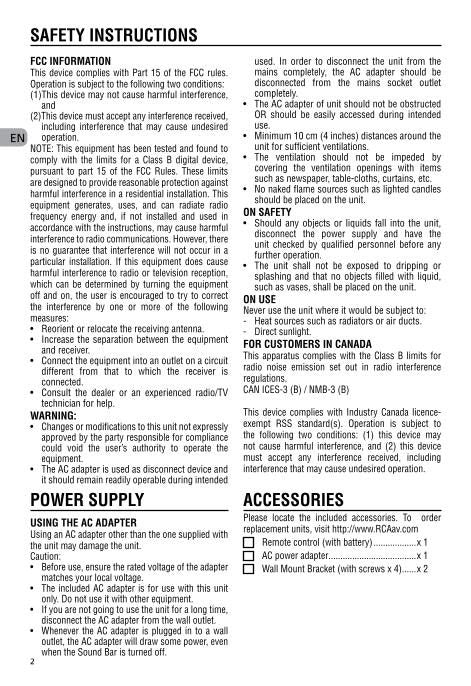 RCA RTS7110B RTS7630B Sound Bar System Operating Manual