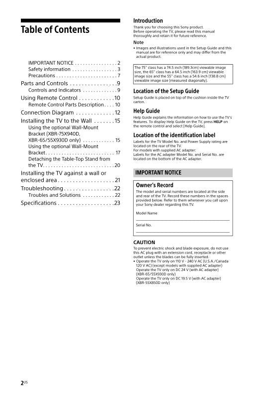 Sony XBR-65X850D XBR-75X940D XBR55X850D TV Operating Manual (182 Pages) - Reference Guide + Full Help Guide