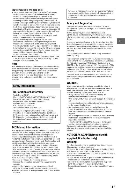 Sony XBR-65X850D XBR-75X940D XBR55X850D TV Operating Manual (182 Pages) - Reference Guide + Full Help Guide