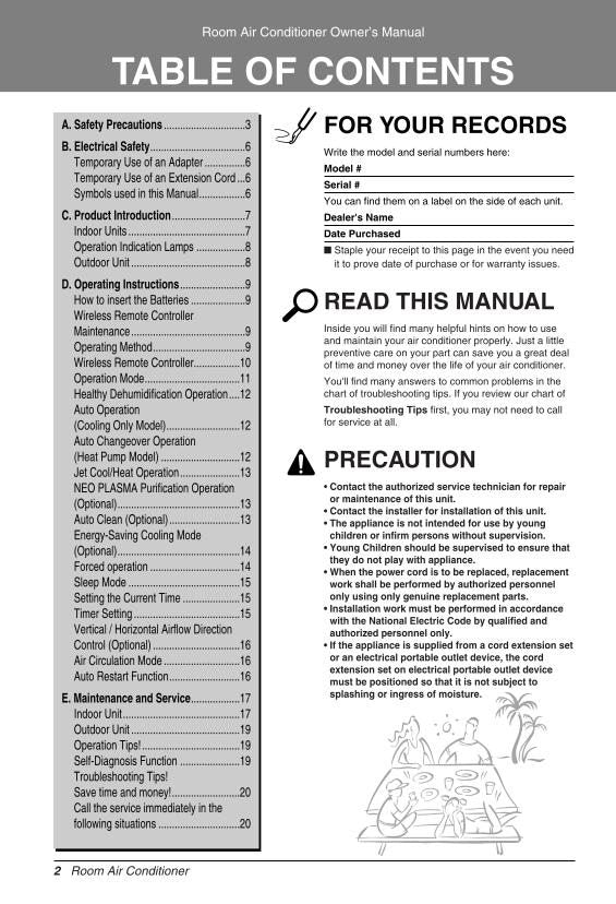 LG 6711 A20039 N Air Conditioner Unit Operating Manual