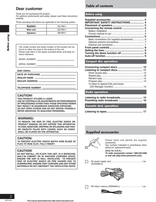 Panasonic SAPM11 Audio System Operating Manual