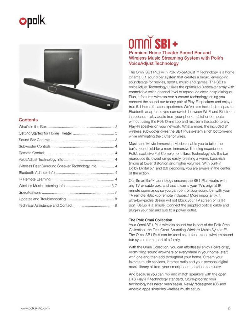 polkaudio OMNI SB1 Sound Bar System Operating Manual