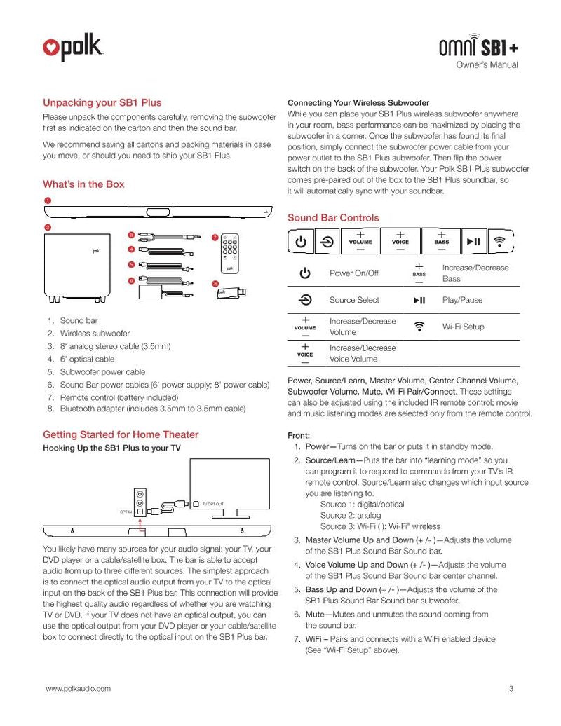 polkaudio OMNI SB1 Sound Bar System Operating Manual