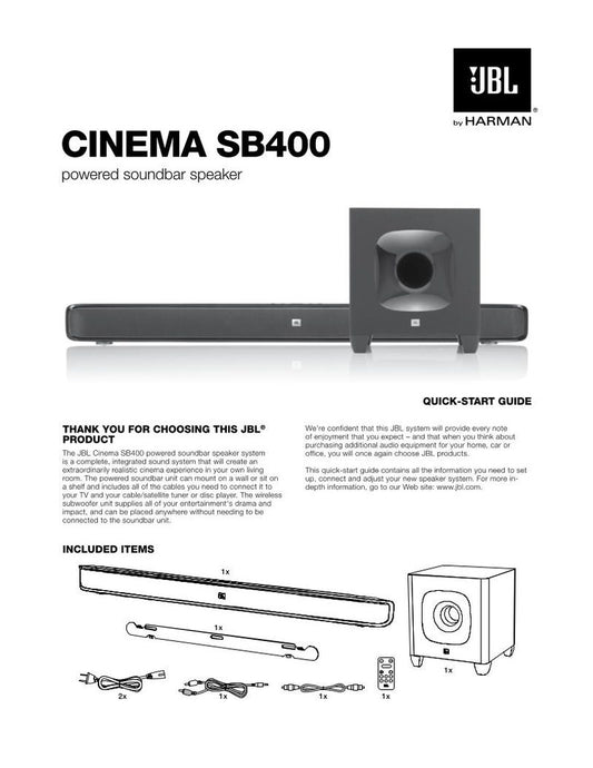 JBL SB400 Sound Bar System Operating Manual