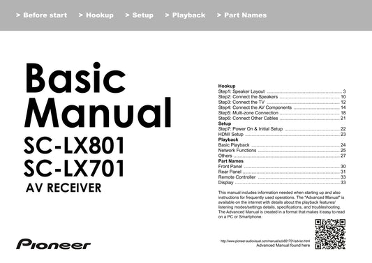 Pioneer SC-LX701 & SC-LX801 Receiver Owner/ User Manual (Basic) (Pages: 36)