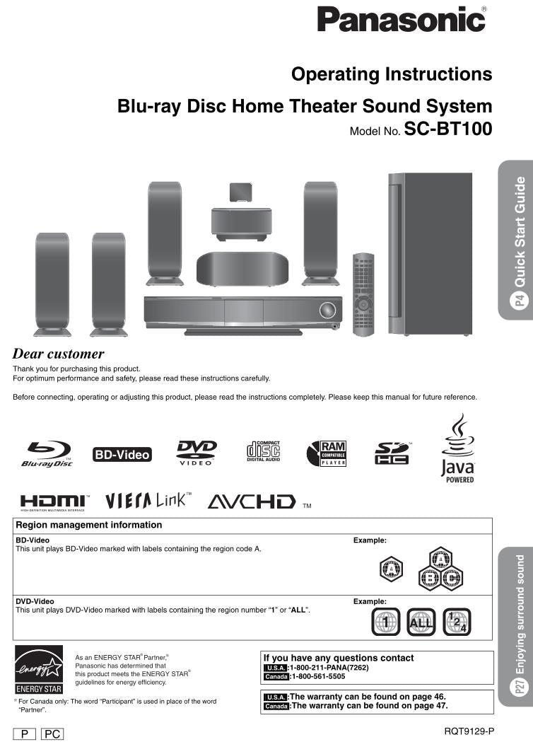 Panasonic SCBT100 Home Theater System Operating Manual