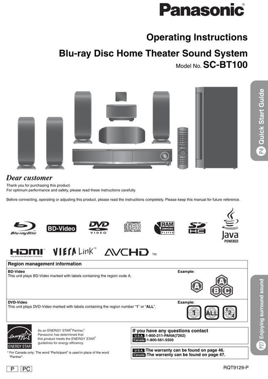 Panasonic SCBT100 Home Theater System Operating Manual