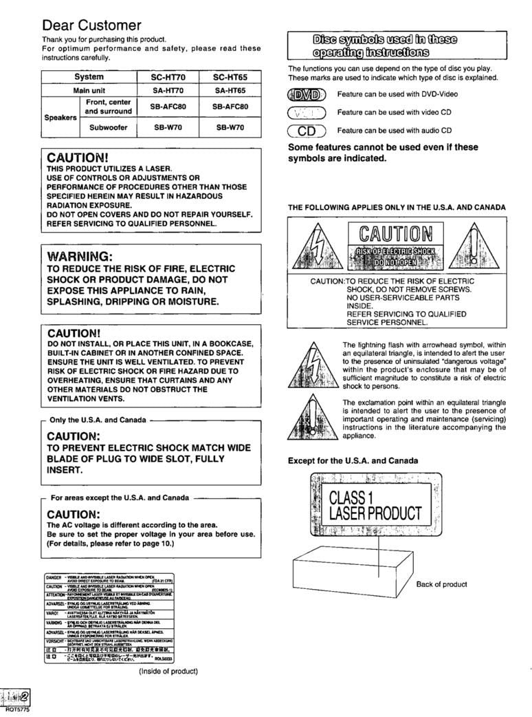 Panasonic SCHT65 SCHT70 Audio System Operating Manual