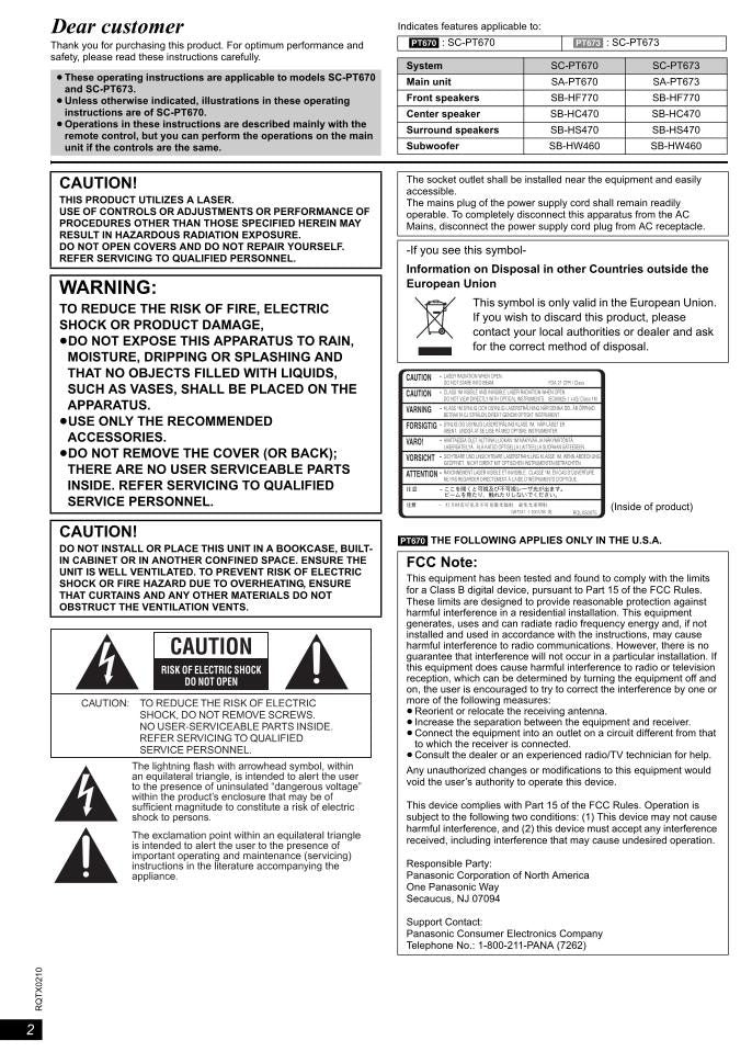 Panasonic SCPT670 SCPT673 Home Theater System Operating Manual