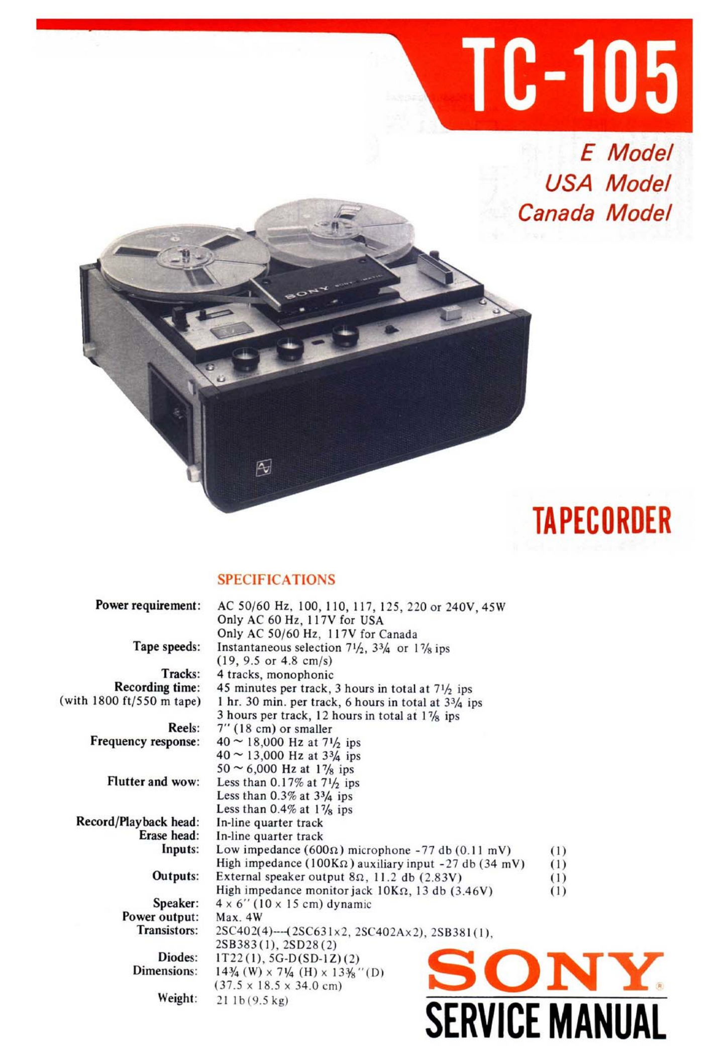 Sony TC-105 Reel to Reel Tape Recorder Owner & Service Manual (Pages: 46)