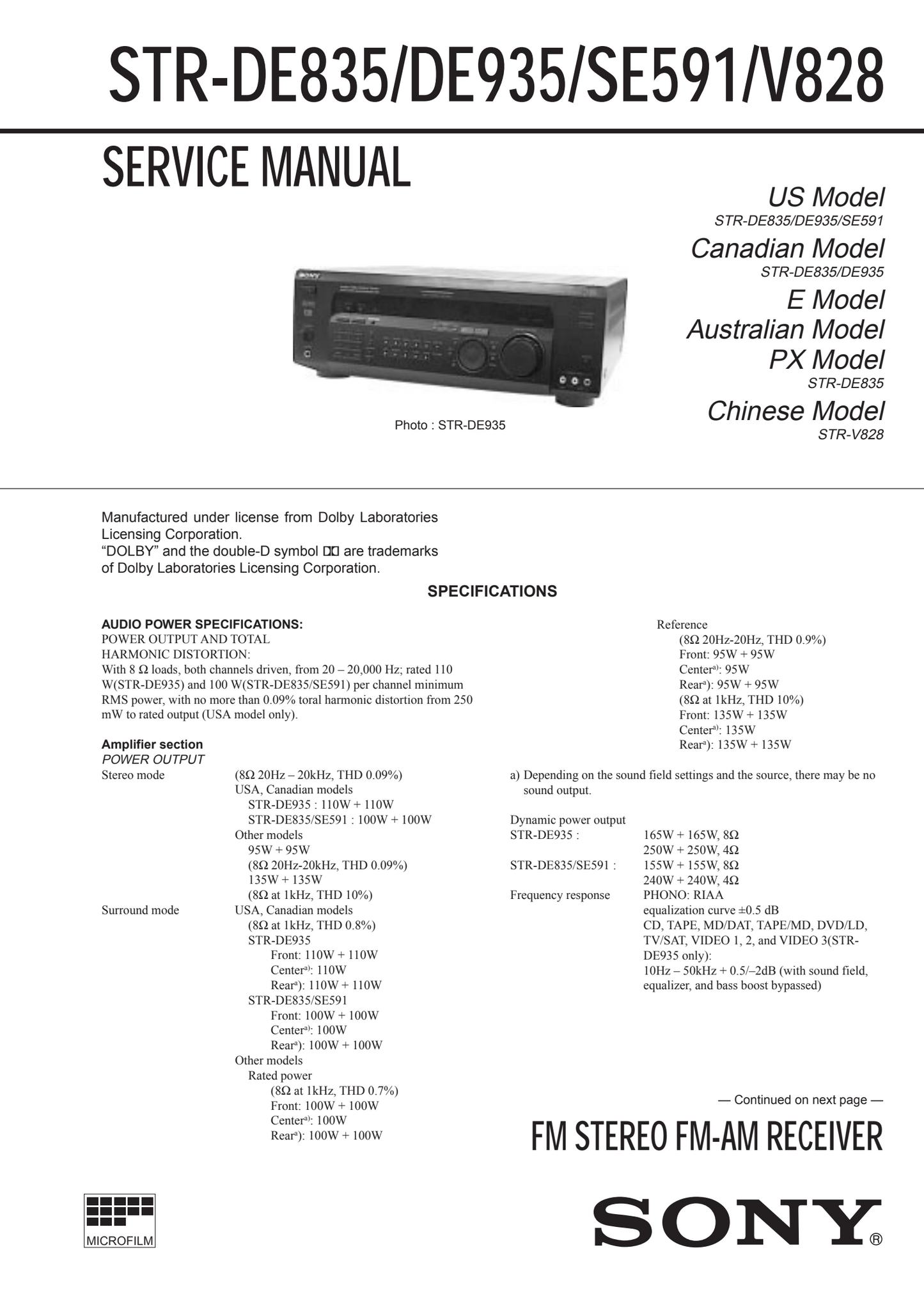 Sony STR-DE835 Stereo Receiver Service Manual (Pages: 62)