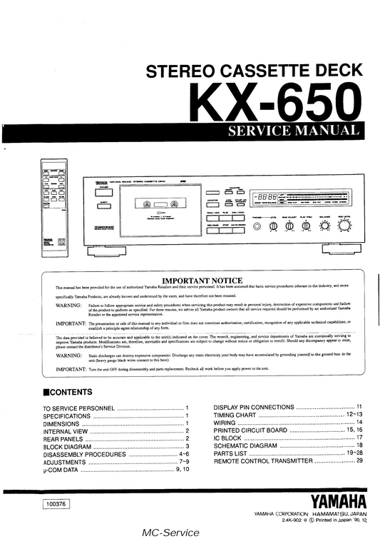 Yamaha KX-650 Cassette Deck Service Manual (Pages: 32)
