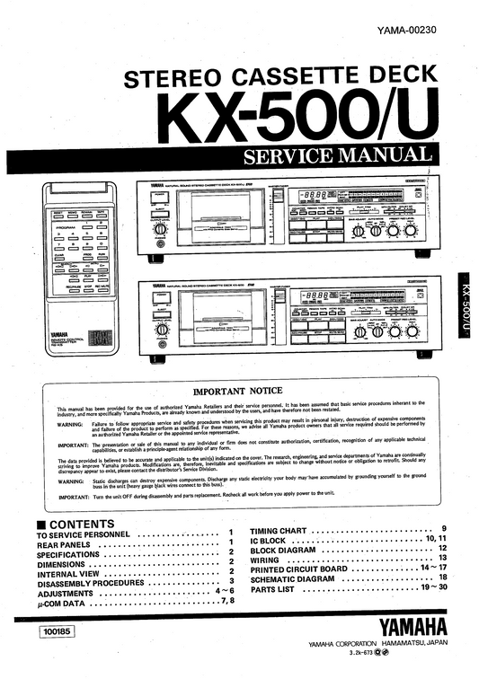 Yamaha KX-500 & KX-500U Cassette Deck Service Manual (Pages: 33)