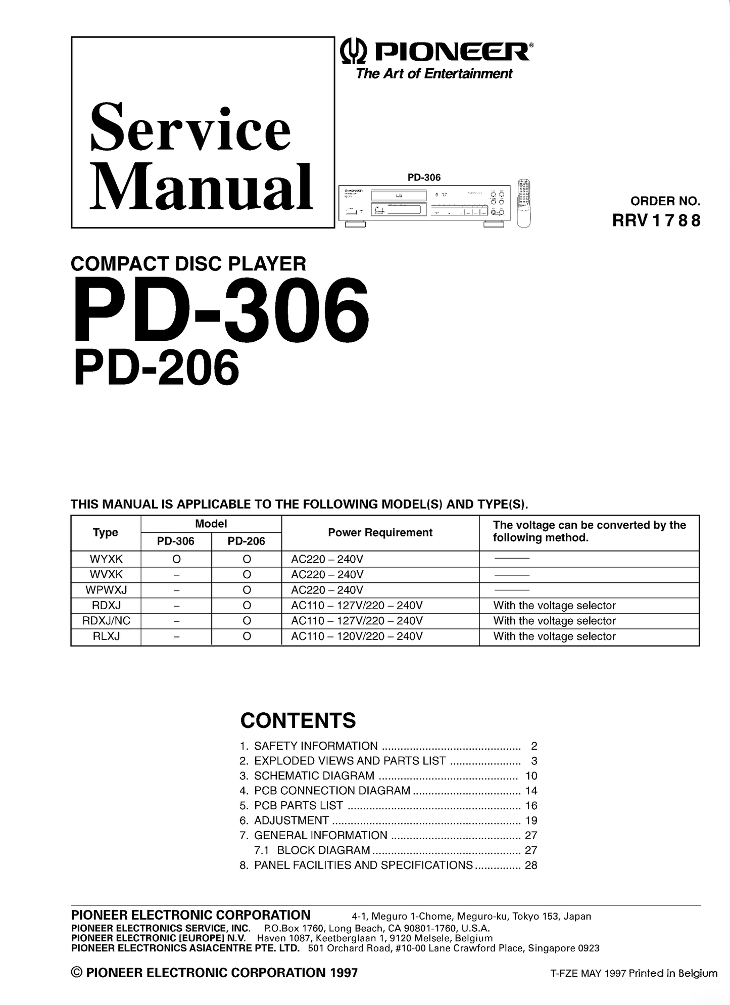 Pioneer PD-206 & PD-306 CD Player Service Manual (Pages: 28)